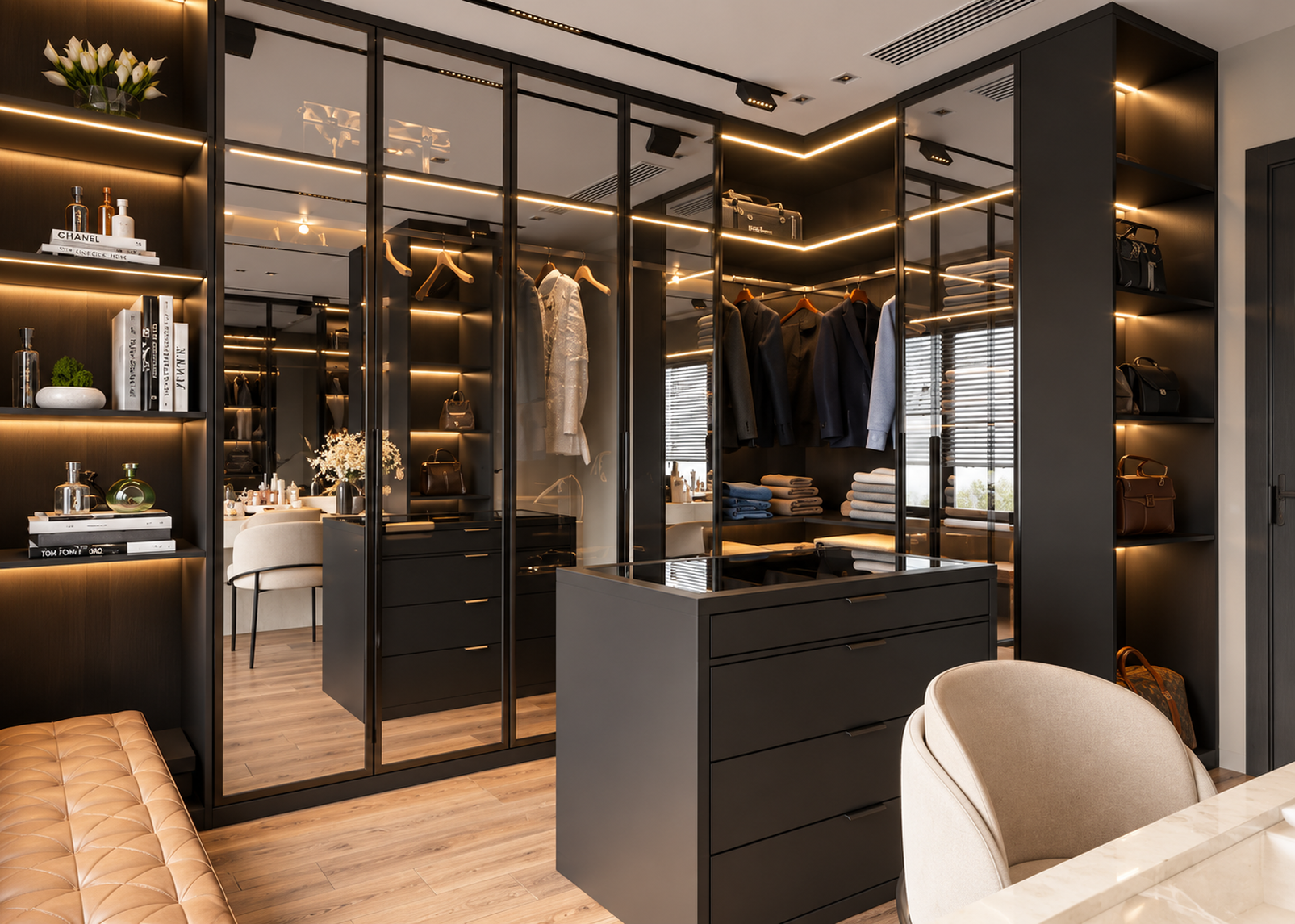 Dressing sur-mesure personnalisable portes en verre fumé