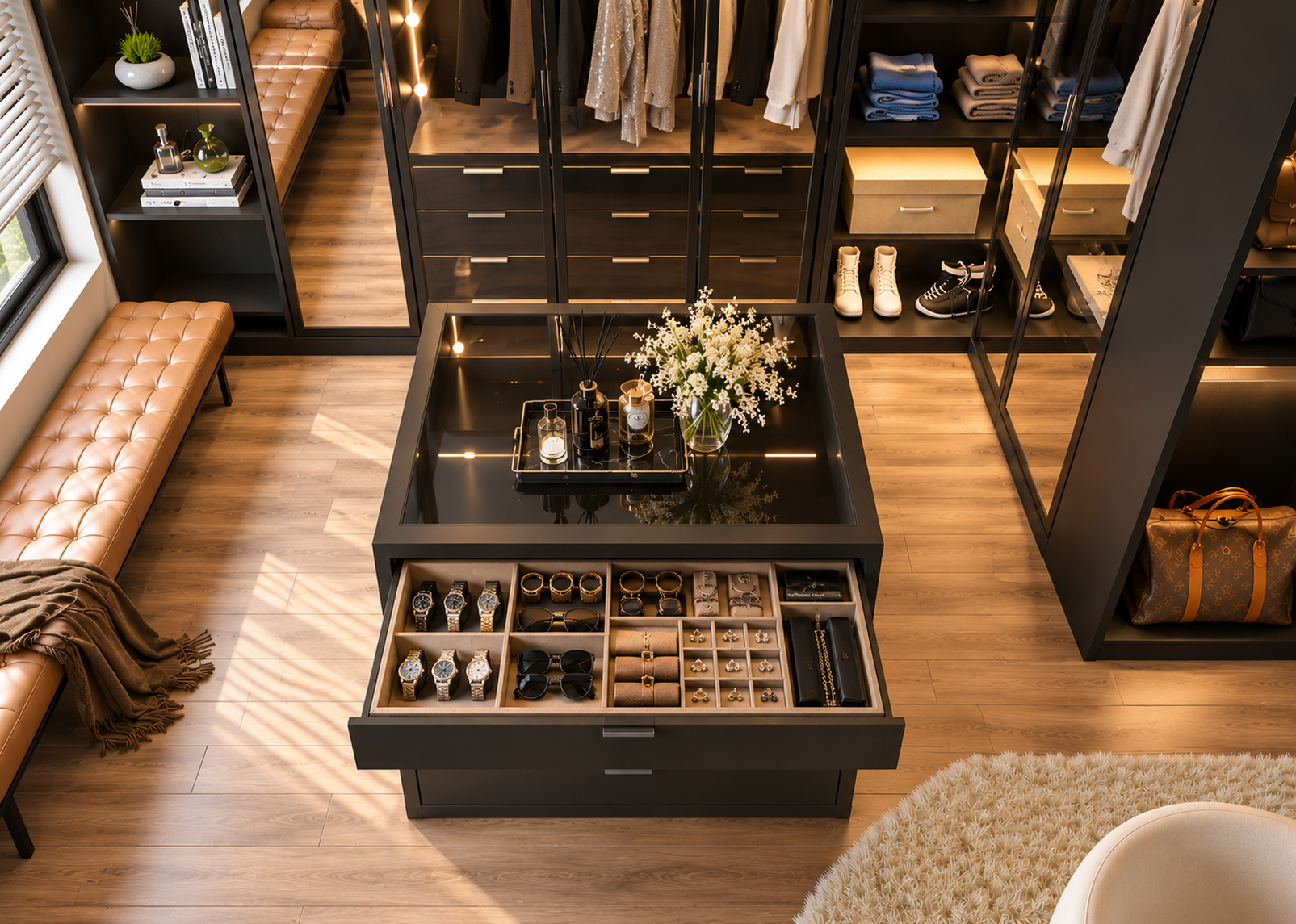 Dressing sur-mesure personnalisable portes en verre fumé